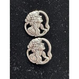 Set Of Two Artistic Metal Lady Flower Button Goddess Antique Look Silver/gray